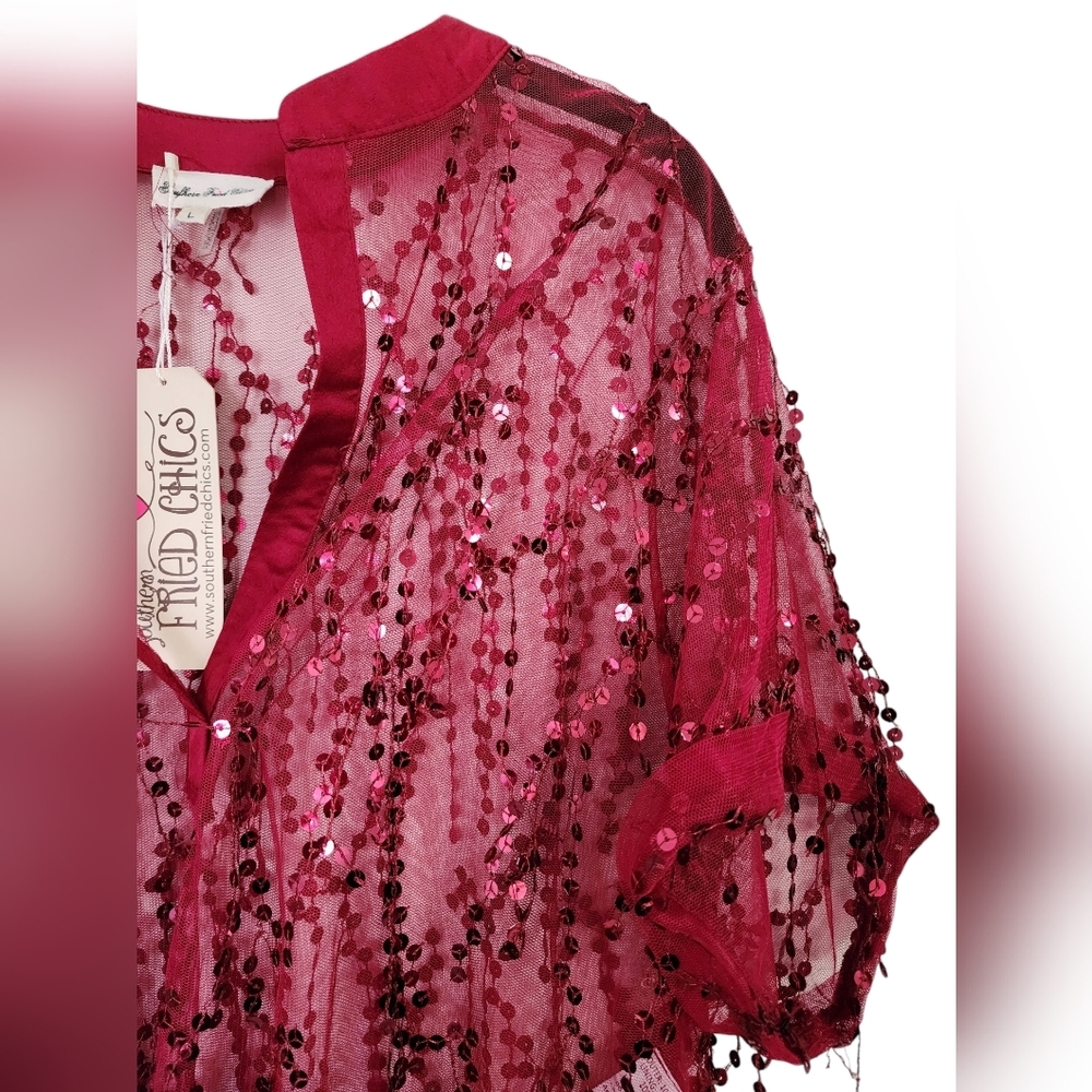 SOUTHERN FRIED CHICS red sequined top, hi-low hem, tunic, size L - Picture 4 of 7